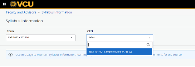 The CRN dropdown selected on the Syllabus Information page of Banner.